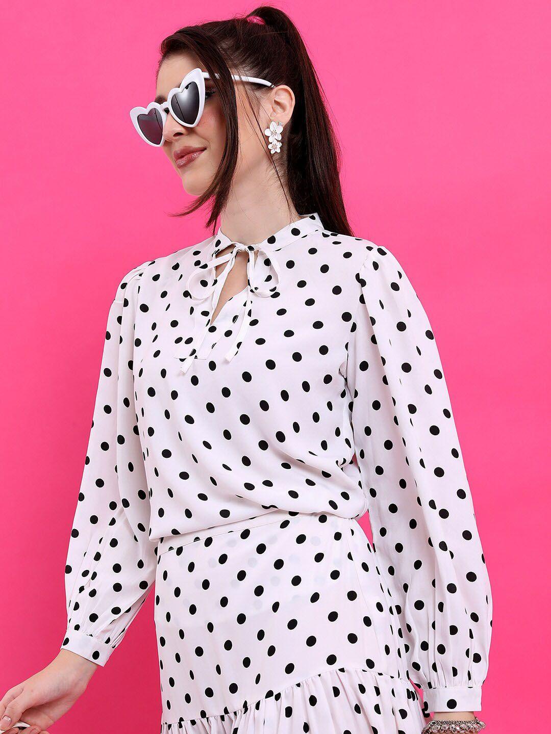 ketch polka dots printed tie-up neck shirt style top