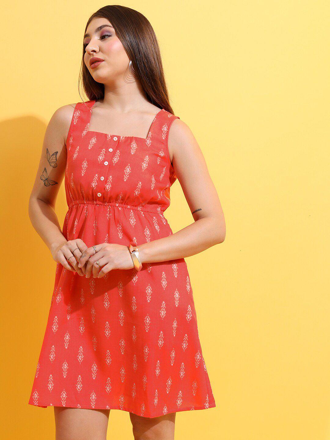 ketch printed sleeveless square neck gathered a-line dress