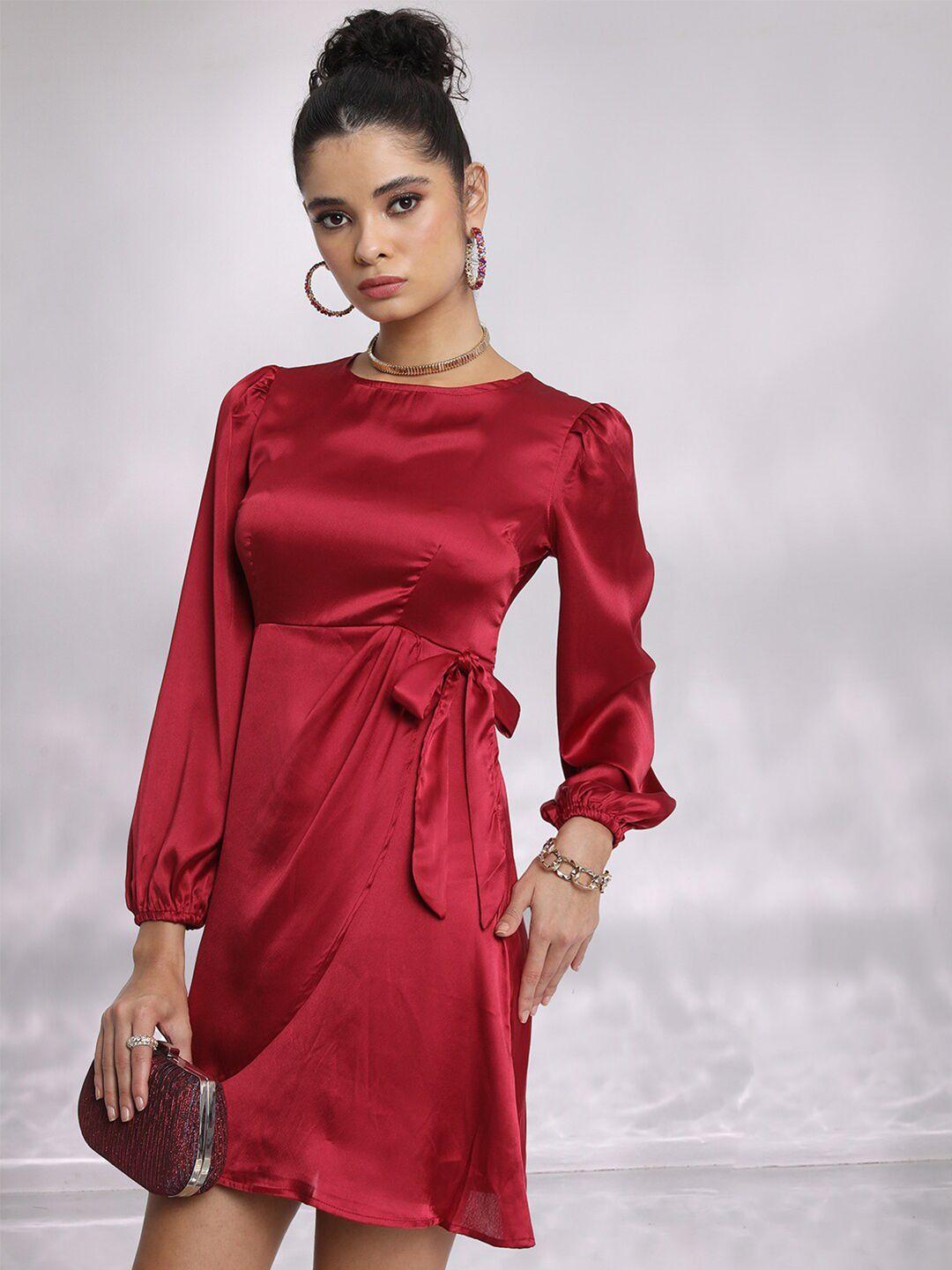 ketch puff sleeves tie-up & layered detail satin a-line dress