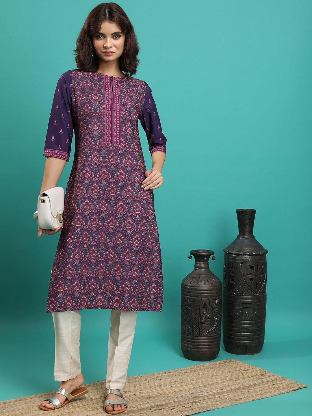 ketch purple ethnic motifs printed sraight kurta