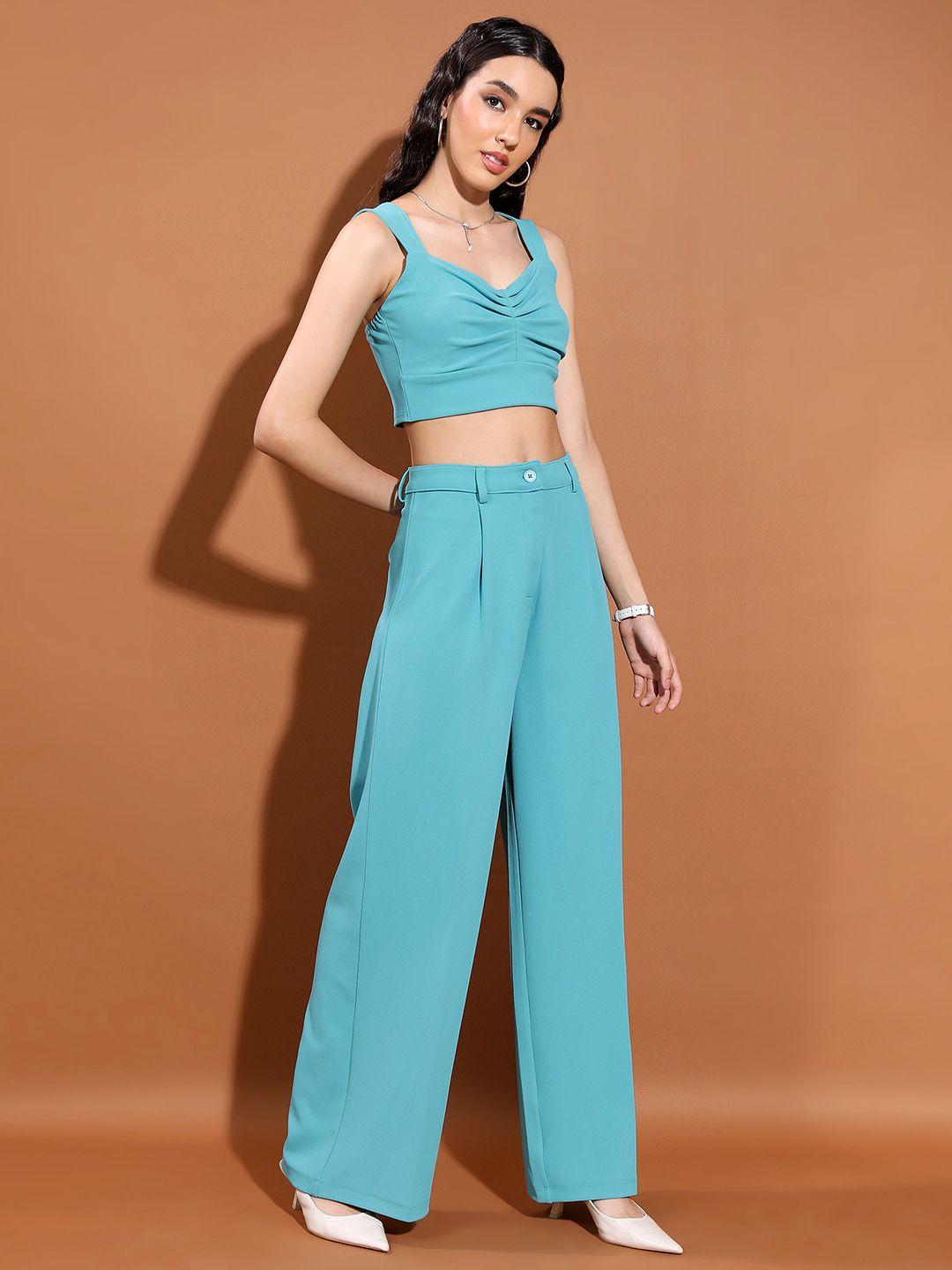 ketch sea green ruched shoulder straps crop top with wide leg pants