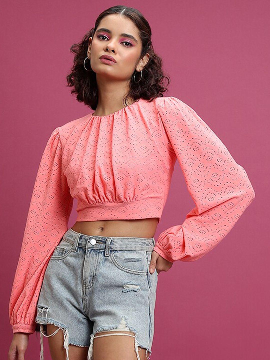 ketch self designed round neck bishop sleeves blouson crop top