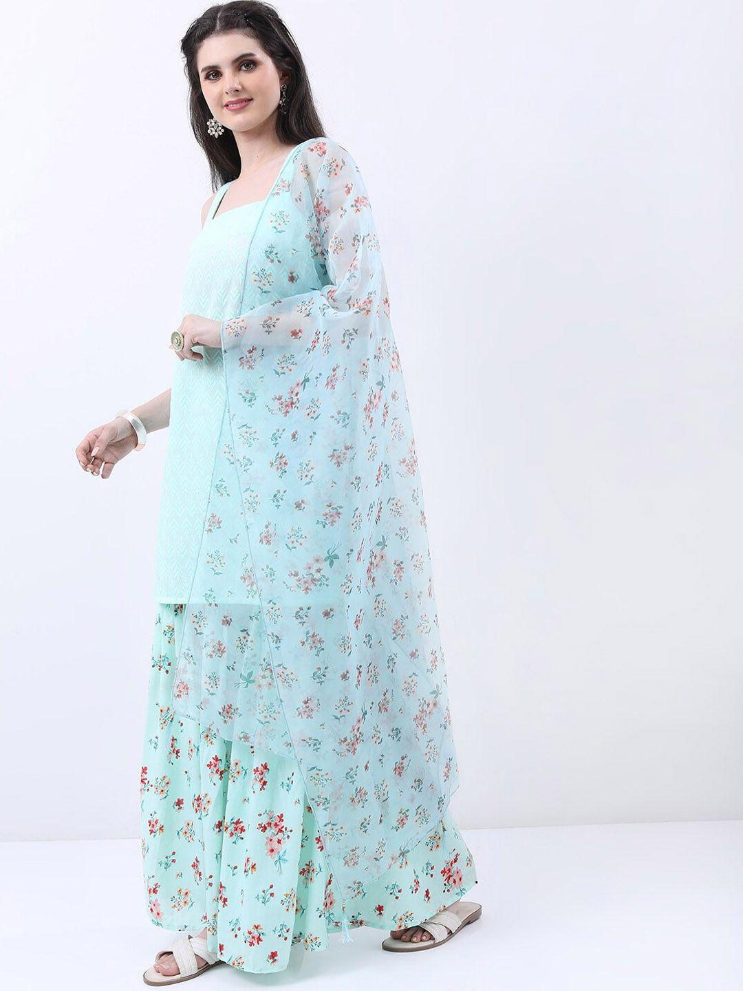 ketch shoulder straps floral embroiderd thread work kurta with sharara & with dupatta