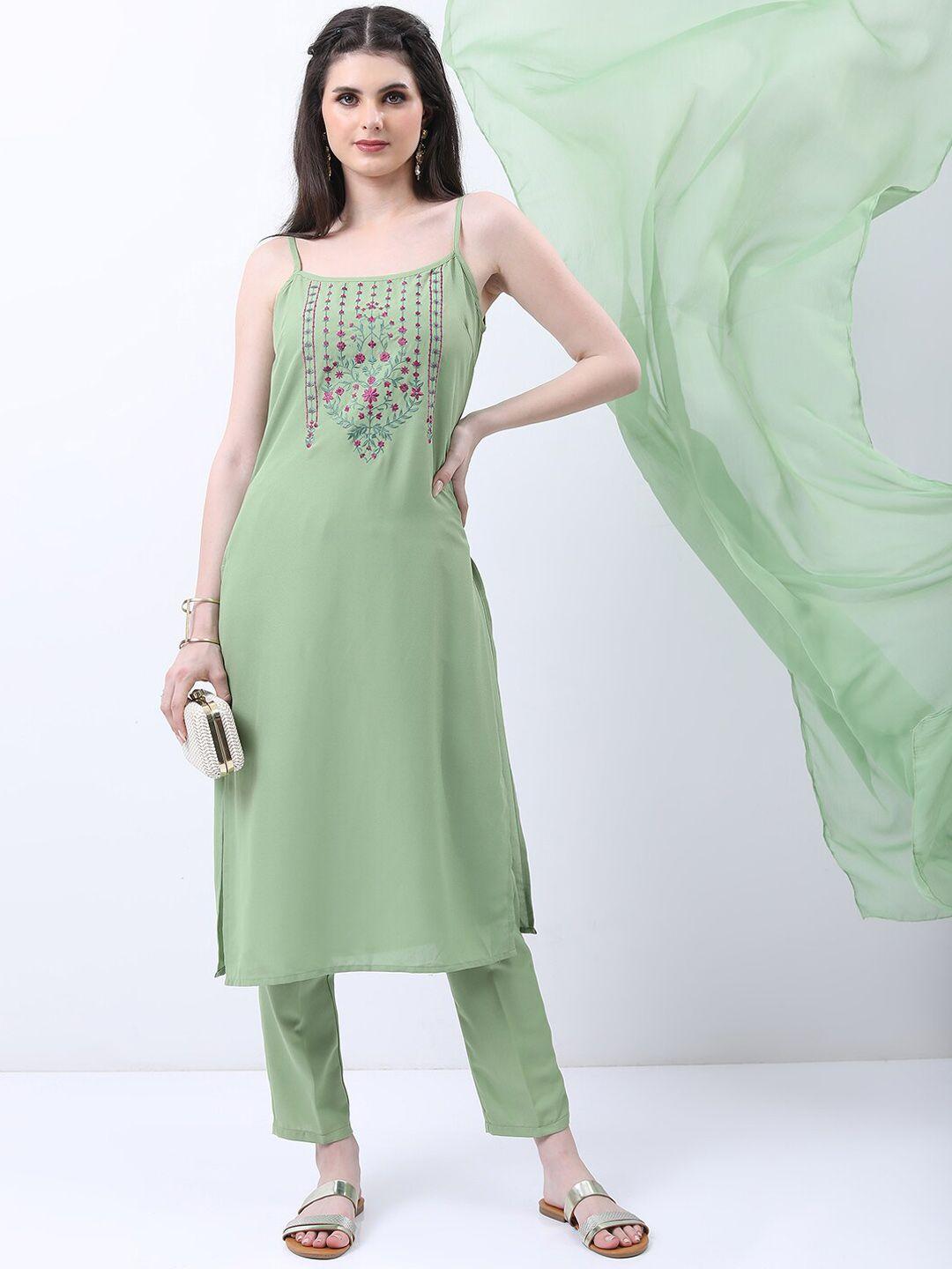 ketch shoulder straps floral embroidered thread work kurta with trousers & with dupatta