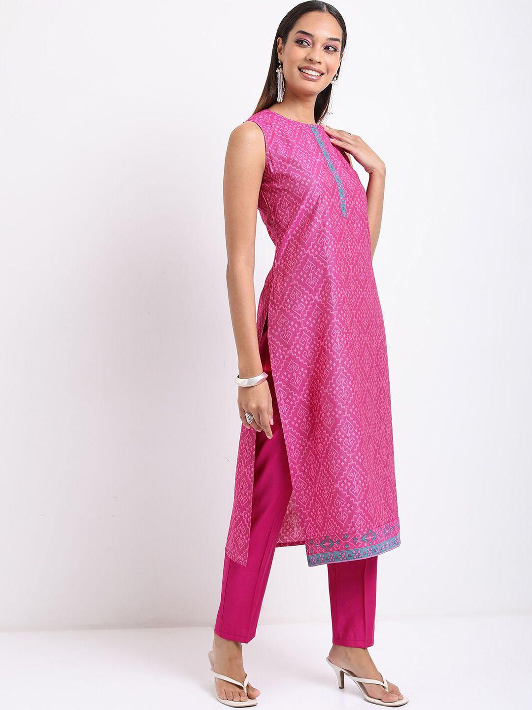ketch sleeveless ethnic motifs printed straight kurta with trousers