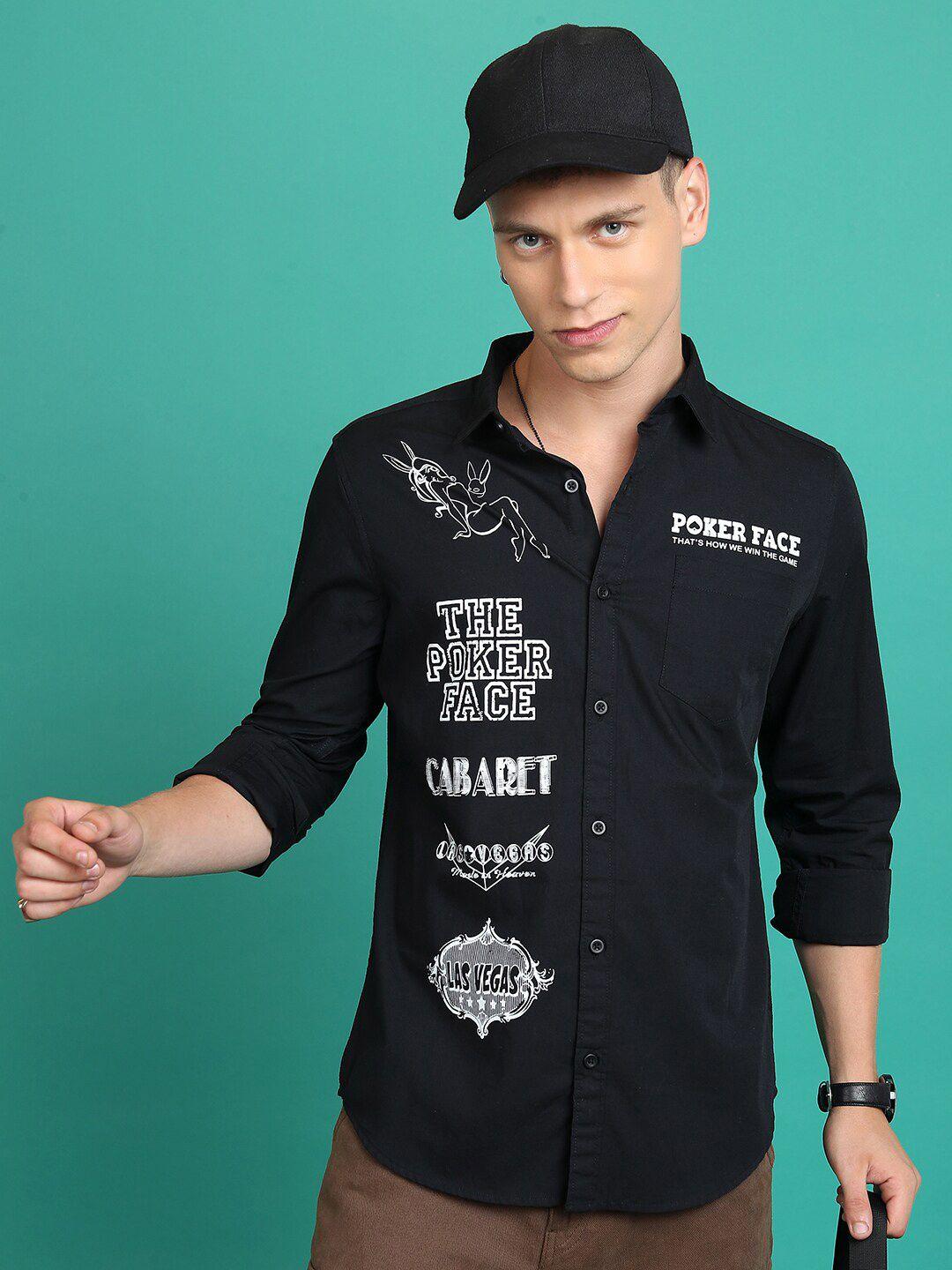 ketch spread collar slim fit typography printed casual cotton shirt