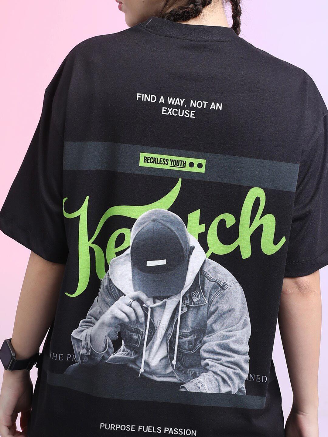 ketch unisex black printed v-neck extended sleeves applique t-shirt