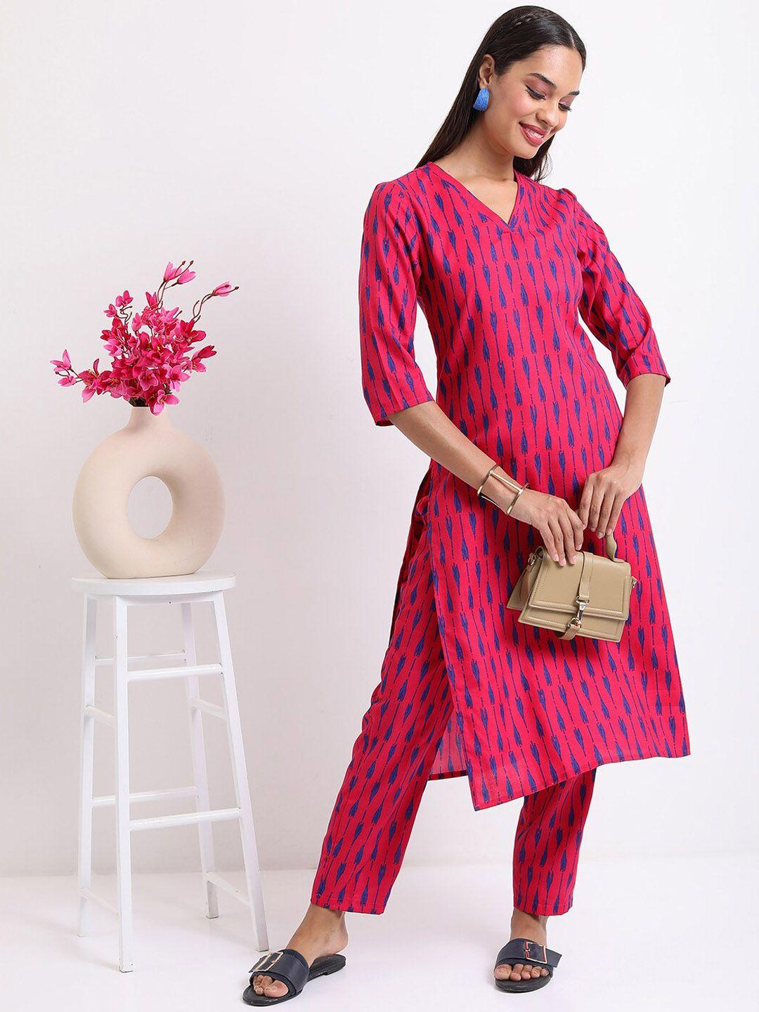ketch v-neck ethnic motifs printed straight kurta with trousers