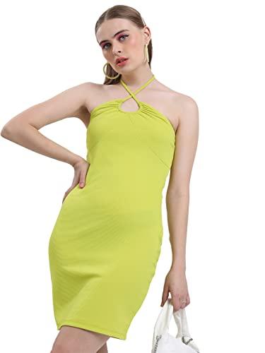 ketch women's polyester blend bodycon mini casual dress (khj6000157_flourescent green