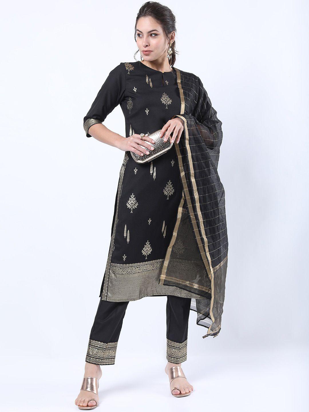 ketch women black floral printed straight kurta with trousers & with dupatta