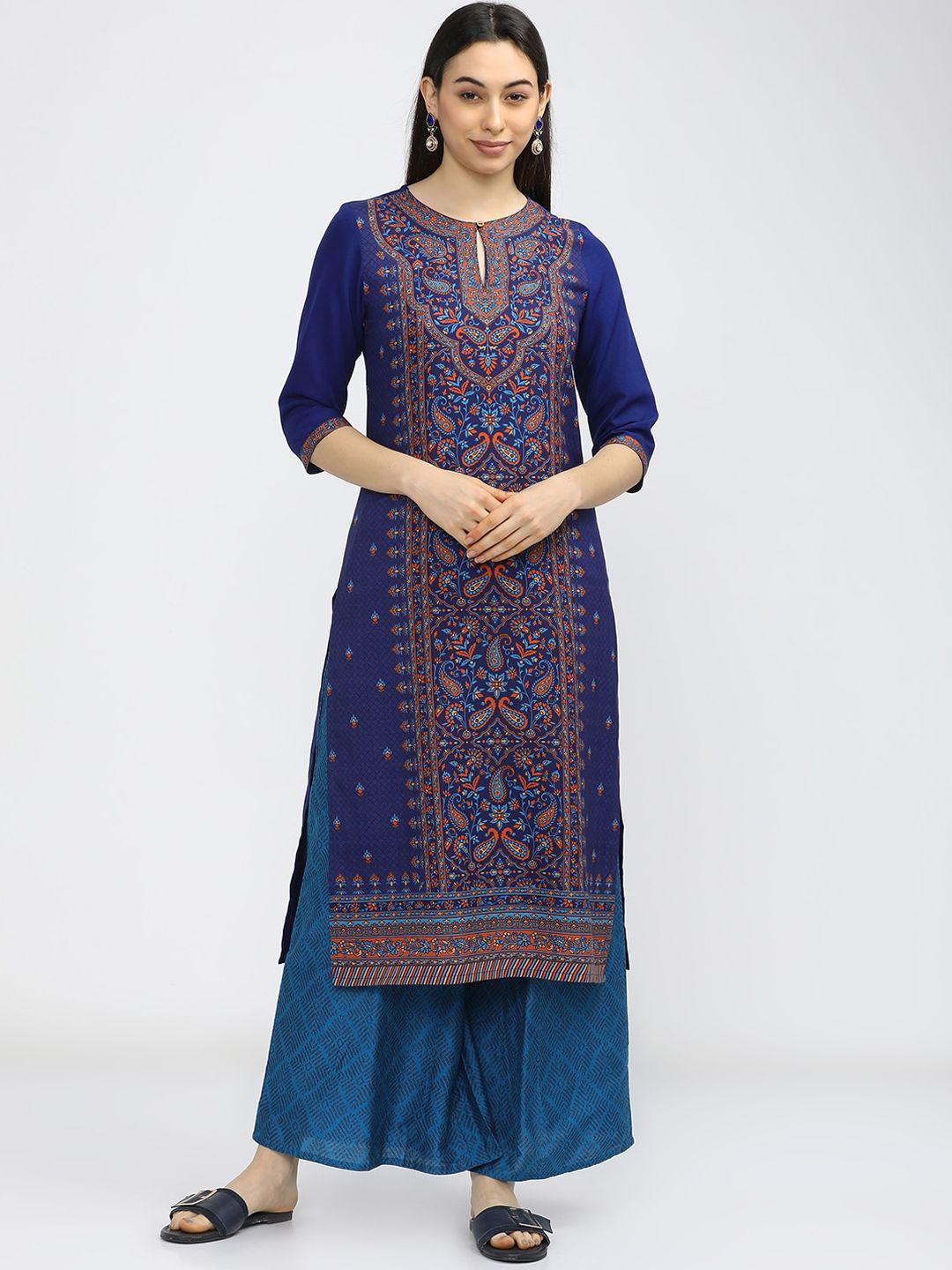 ketch women blue & orange ethnic motifs printed straight kurta