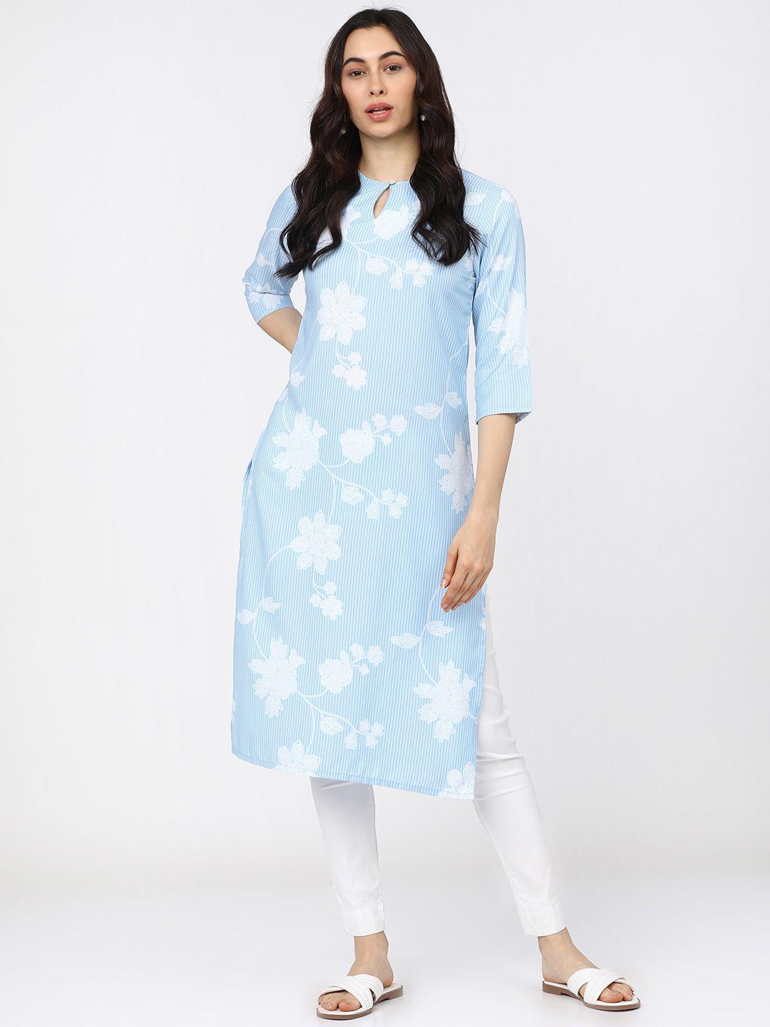 ketch women blue & white floral striped keyhole neck kurta