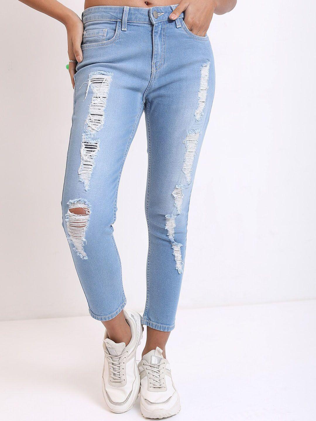 ketch women blue skinny fit highly distressed light fade jeans