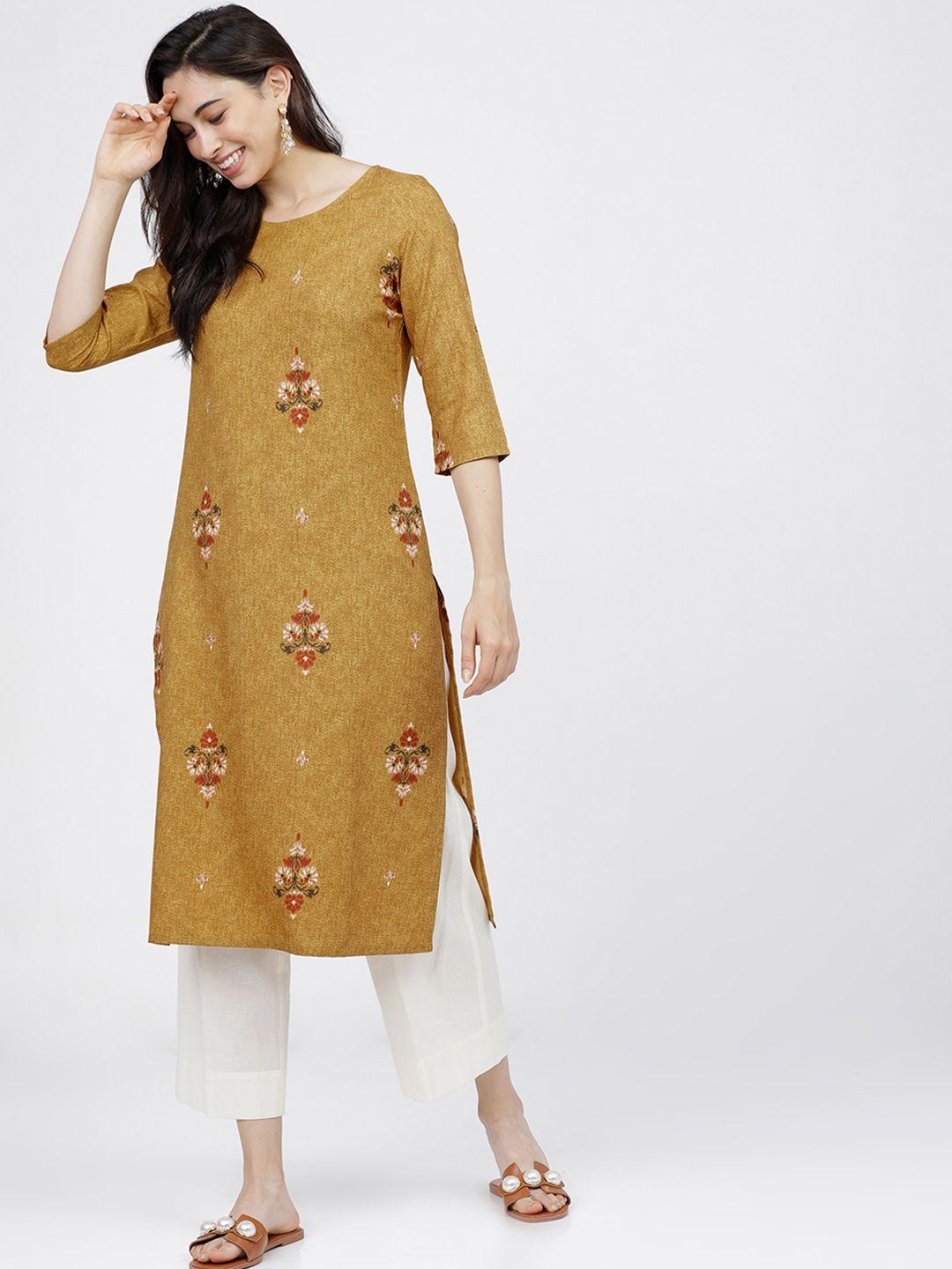 ketch women brown & white floral printed kurta