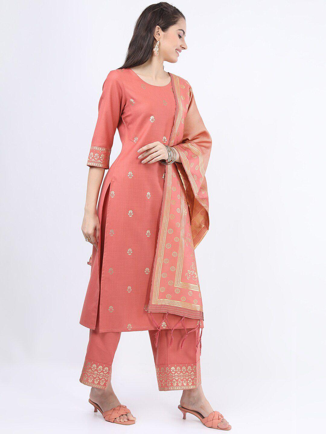 ketch women coral embroidered layered kurti with palazzos & with dupatta
