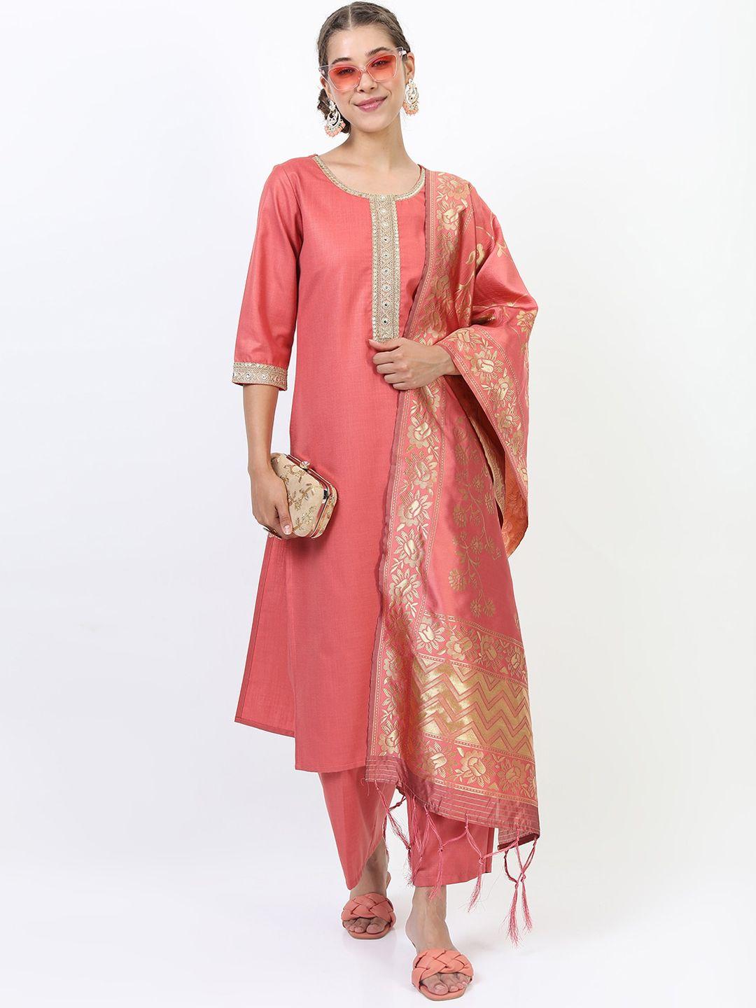 ketch women coral pleated kurti with trousers & dupatta