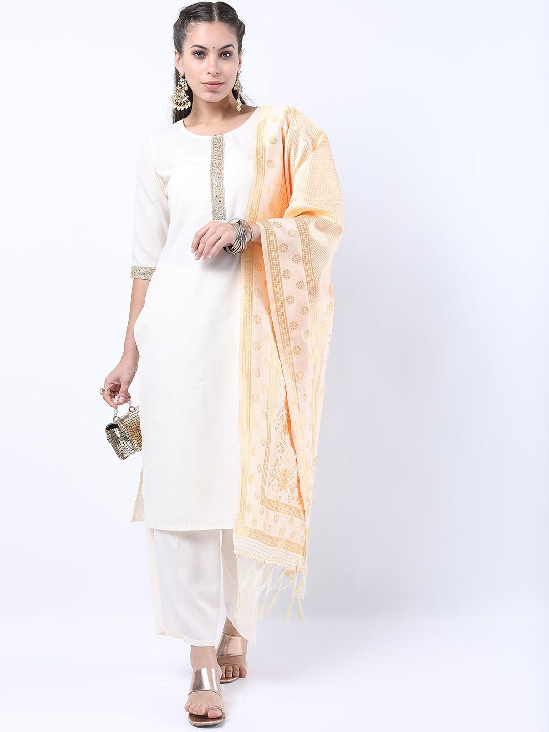 ketch women cream-coloured kurta with trousers & with dupatta