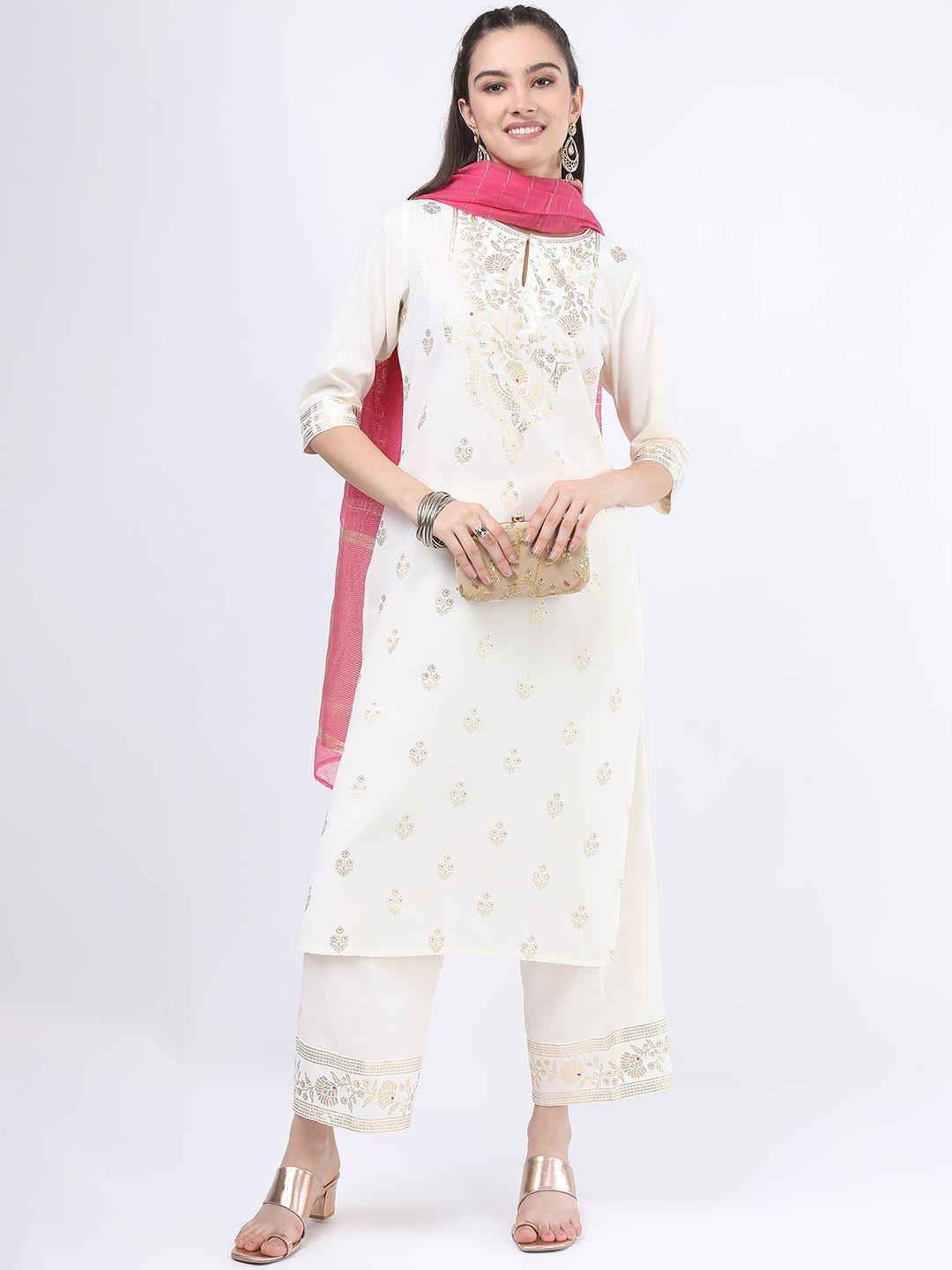 ketch women cream-coloured printed kurti with palazzos & with dupatta