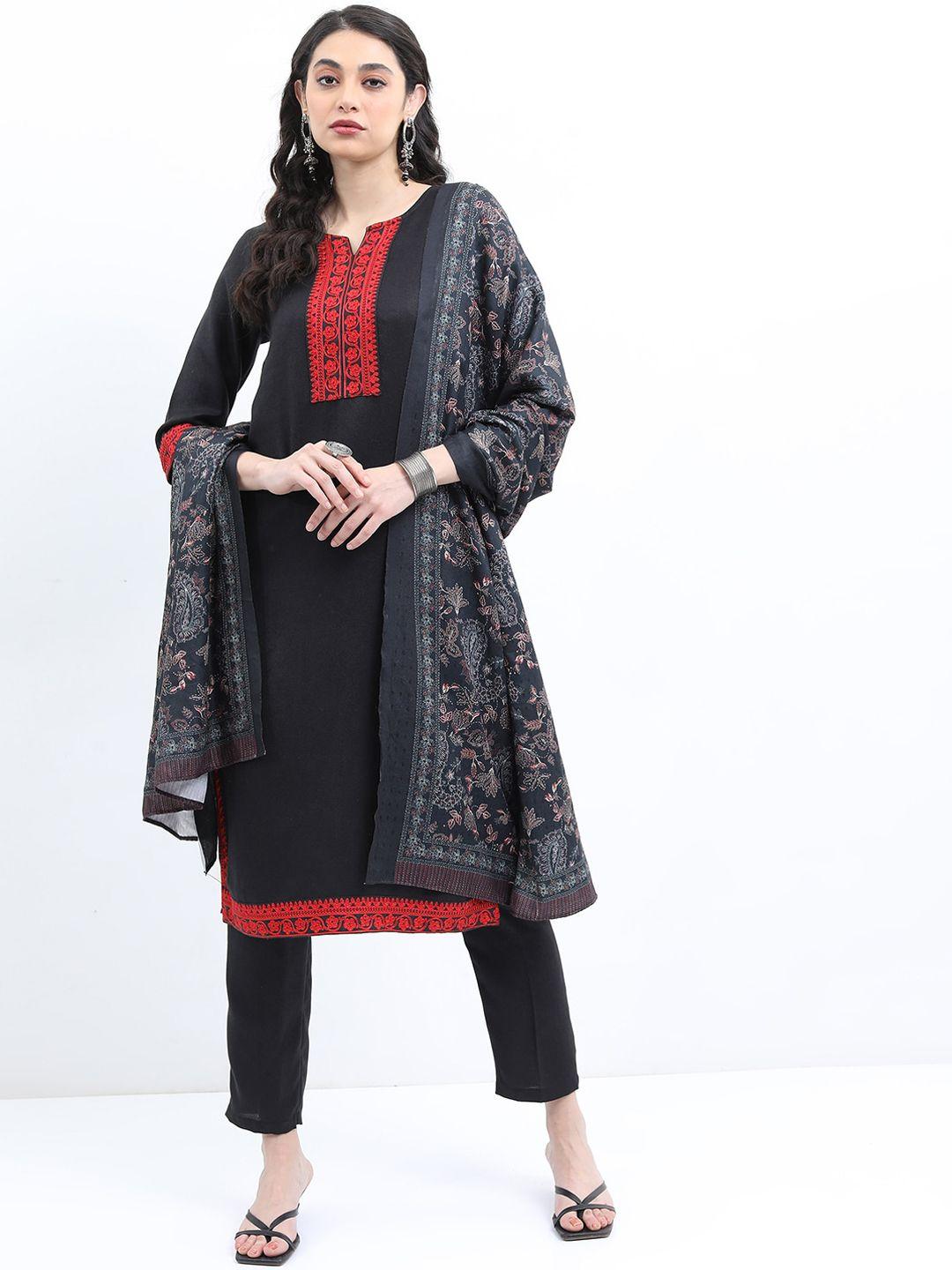 ketch women ethnic motifs embroidered faux pashmina kurta with trousers & dupatta