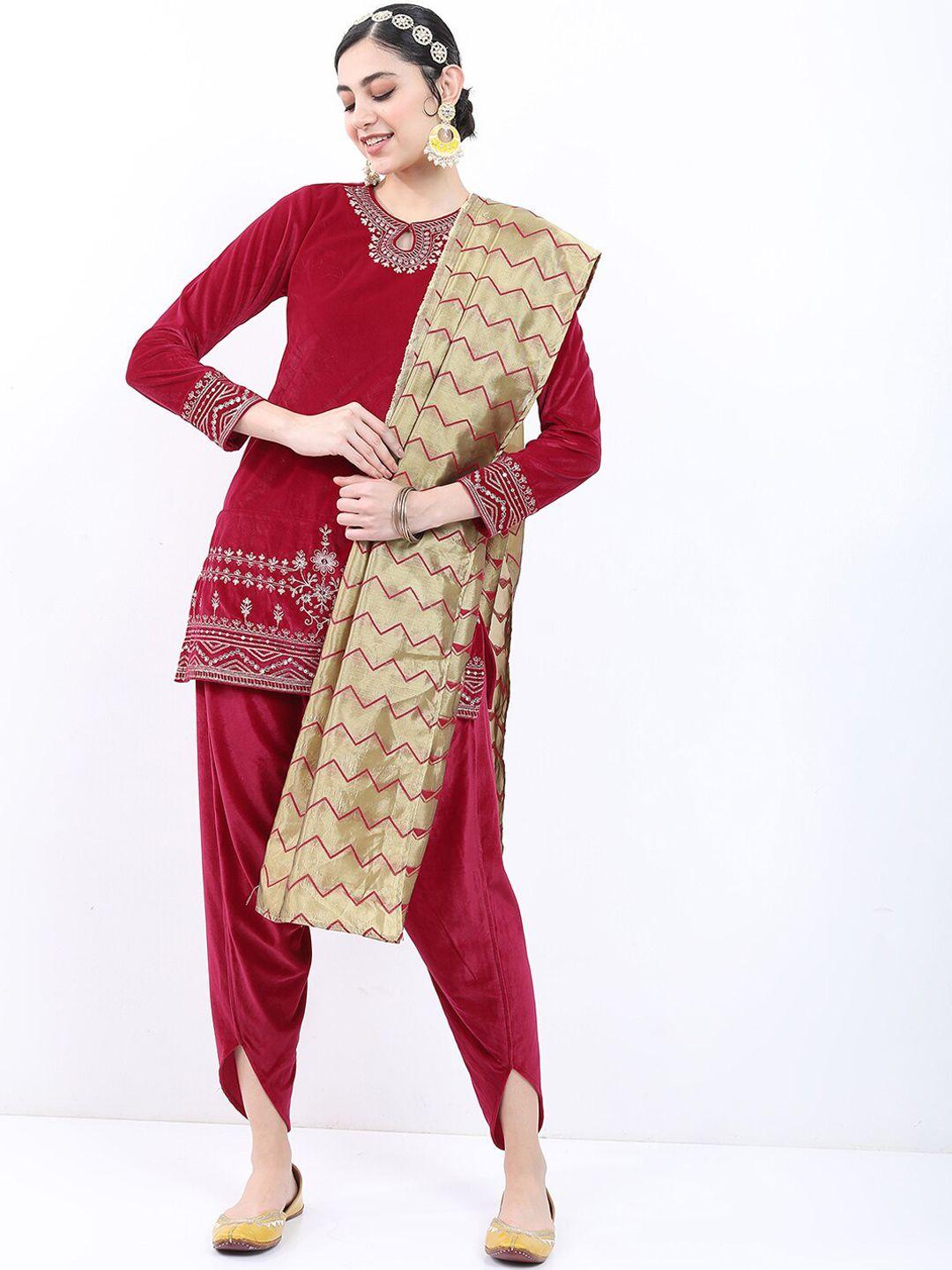 ketch women ethnic motifs embroidered velvet kurta with dhoti pants & with dupatta