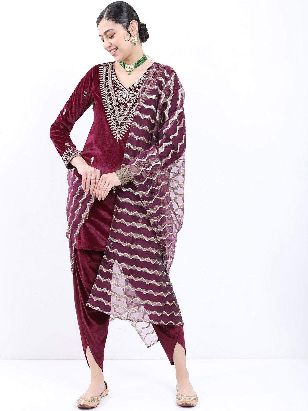 ketch women ethnic motifs embroidered velvet kurta with dhoti pants & with dupatta