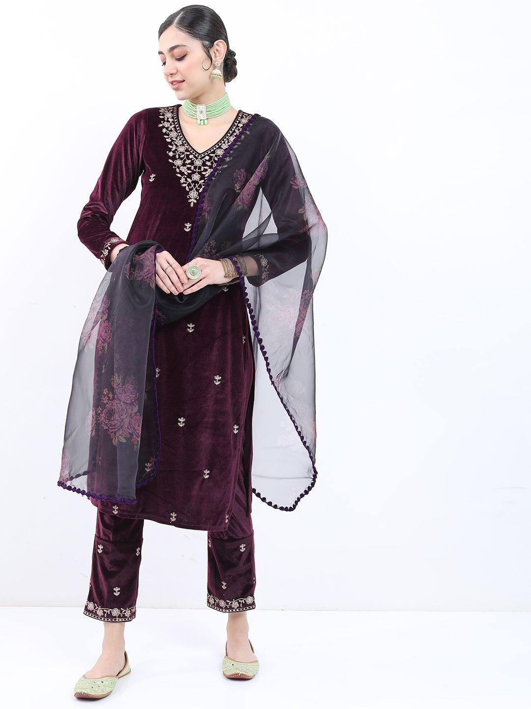 ketch women ethnic motifs embroidered velvet kurta with palazzos & with dupatta