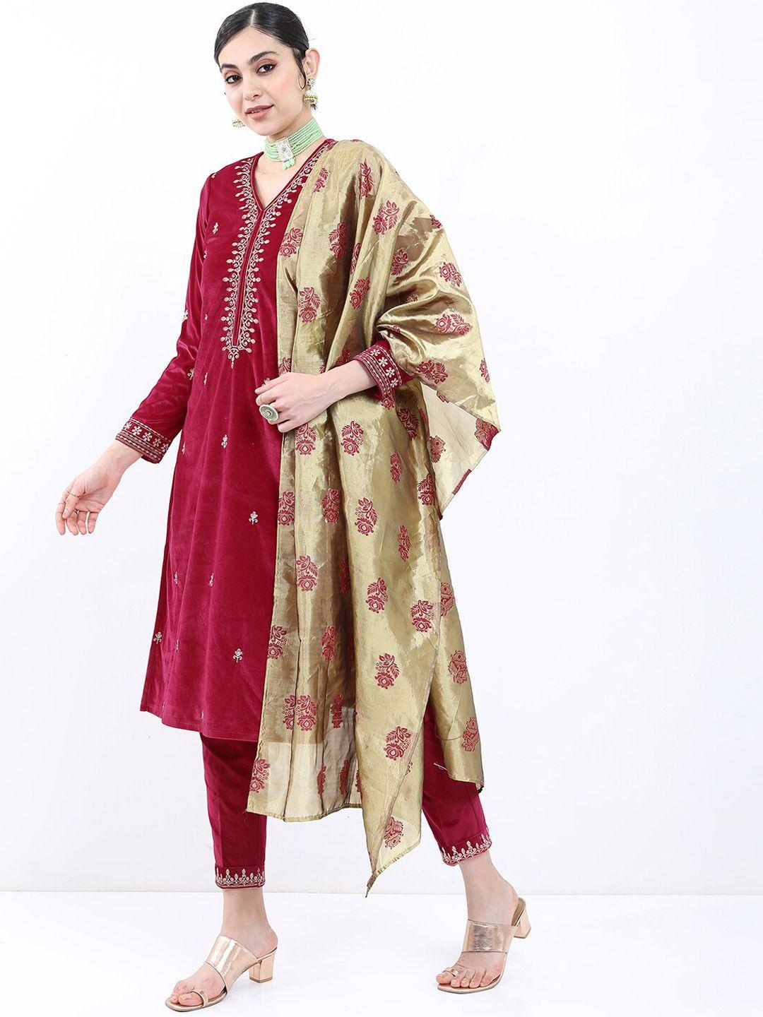 ketch women ethnic motifs embroidered velvet kurta with trousers & with dupatta