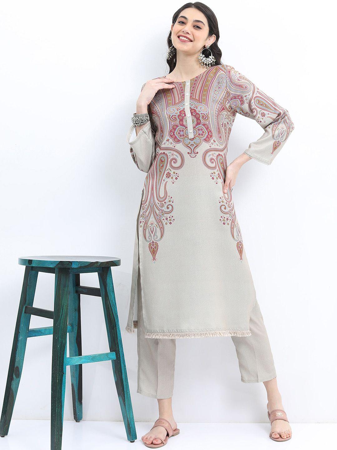 ketch women ethnic motifs printed faux pashmina kurta with trousers
