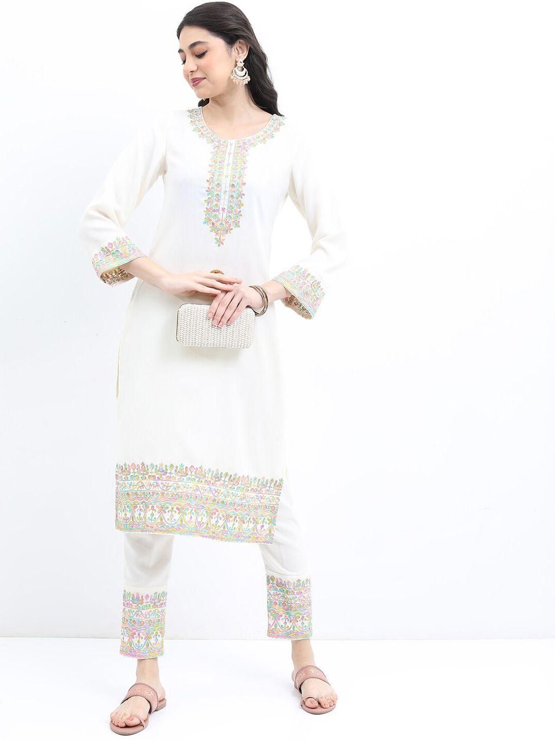 ketch women faux pashmia floral embroidered kurta with trousers