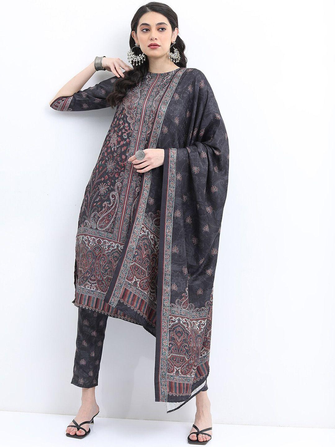 ketch women faux pashmina ethnic motifs printed kurta with trousers & dupatta