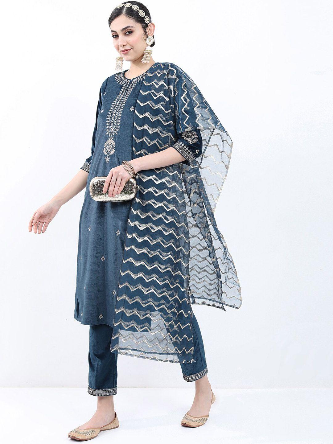 ketch women floral embroidered velvet kurta with palazzos & with dupatta