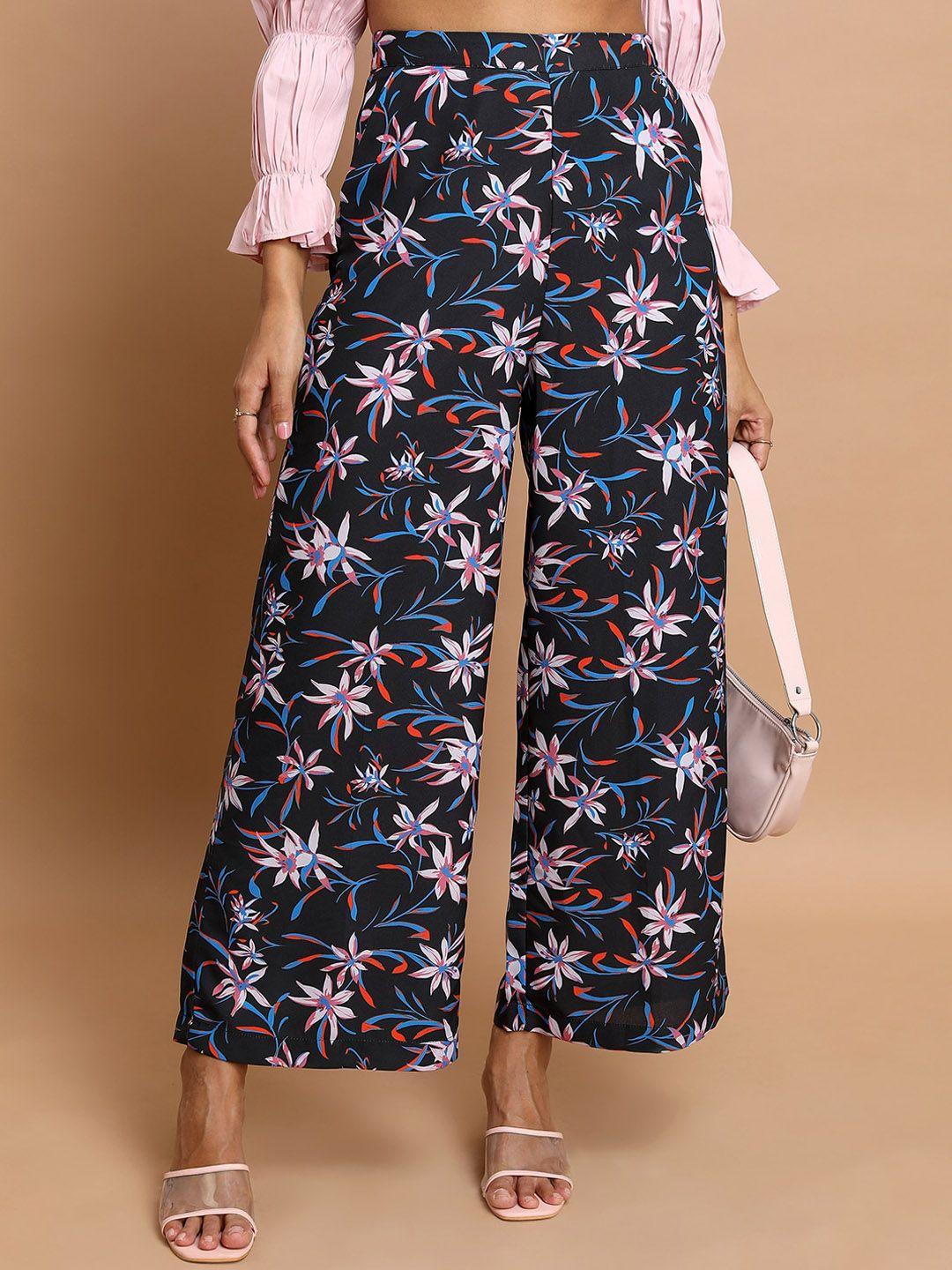 ketch women floral printed mid-rise flared parallel trousers