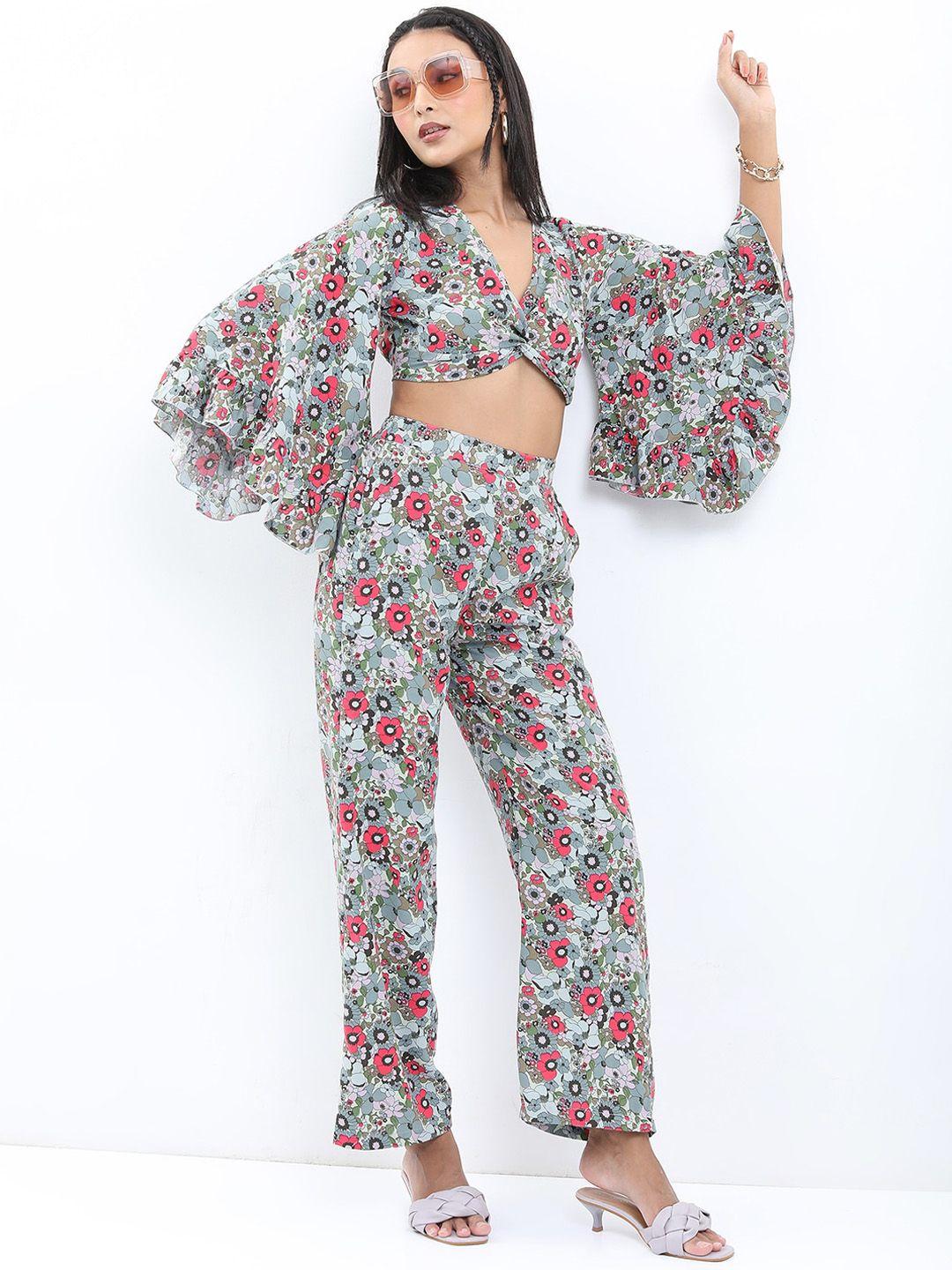 ketch women floral printed v-neck crop top with trousers co-ords set