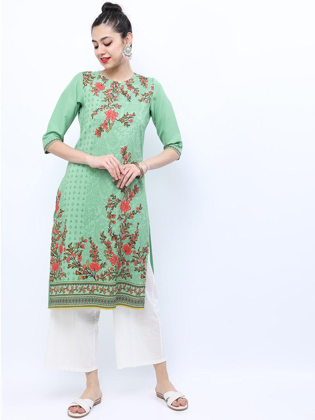 ketch women green & peach-coloured floral printed kurta