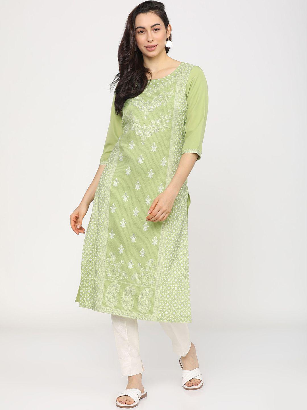 ketch women green & white ethnic motifs printed kurta