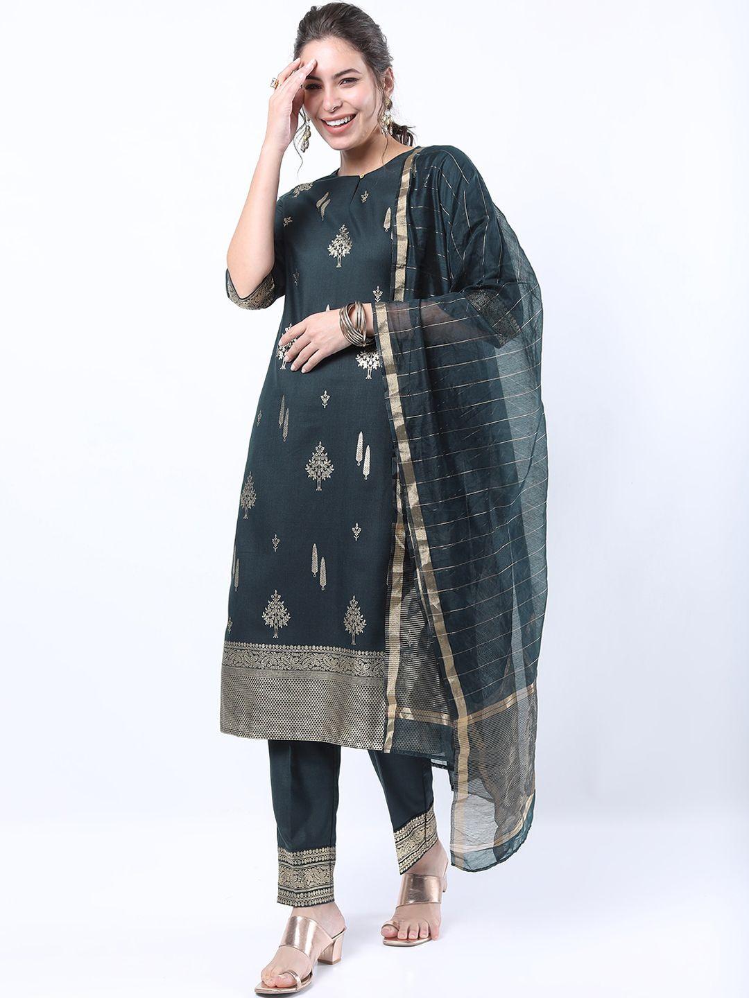 ketch women green ethnic motifs printed kurta with trousers & with dupatta