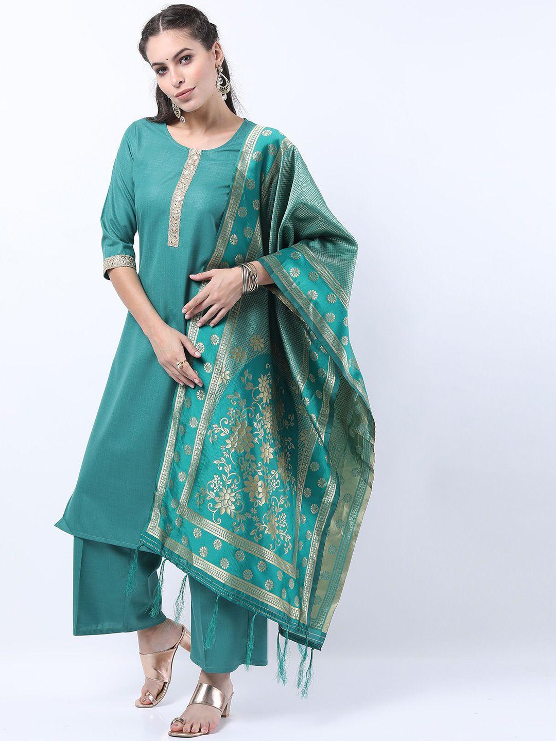 ketch women green straight kurta with palazzo and dupatta