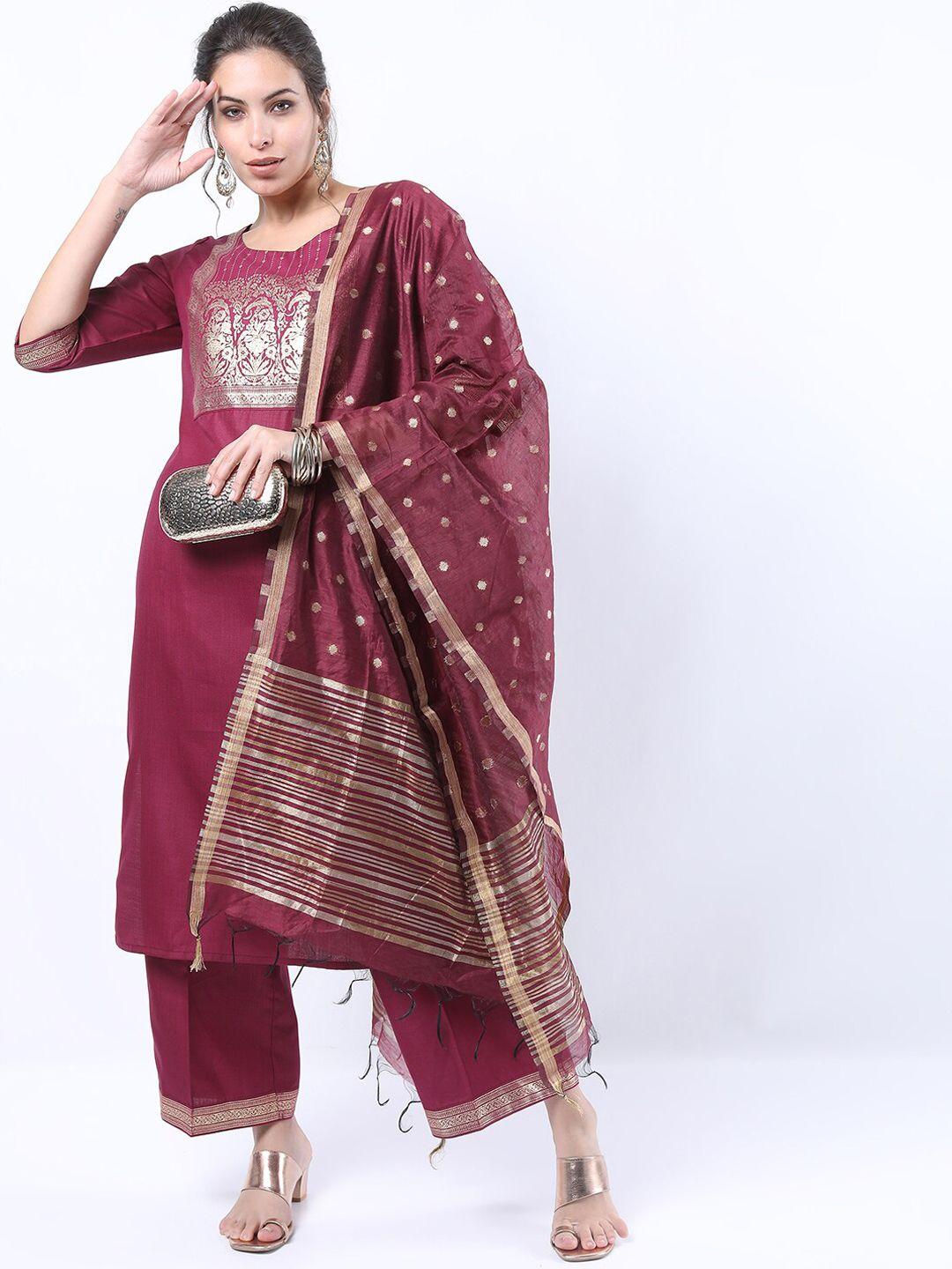 ketch women maroon ethnic motifs striped kurta with trousers & with dupatta