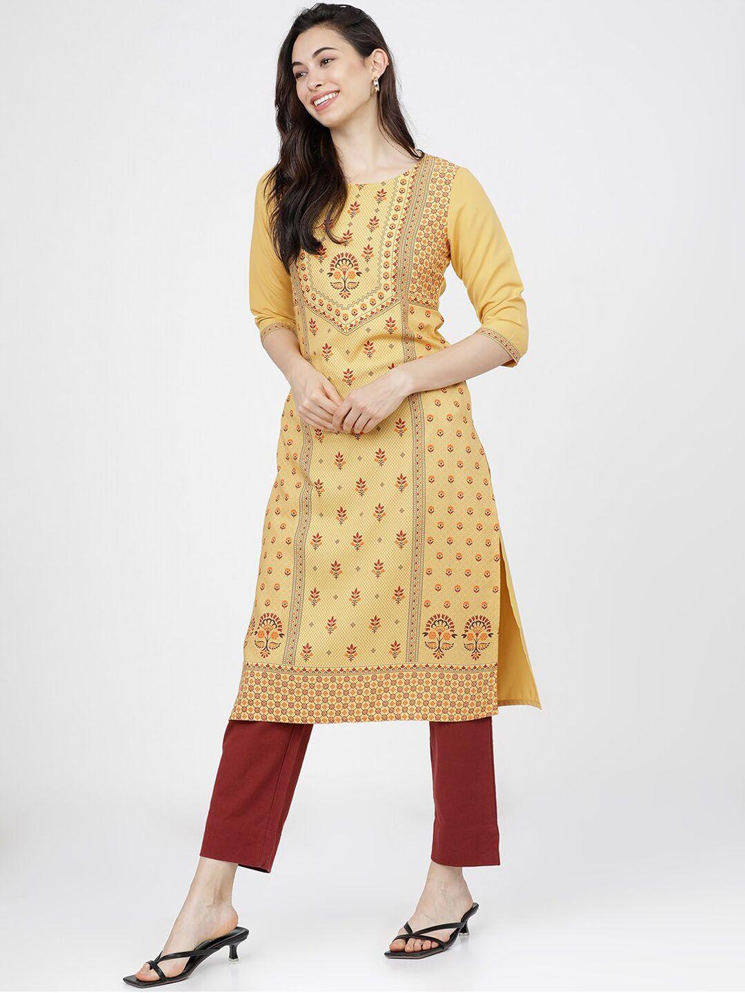 ketch women mustard yellow ethnic motifs printed straight kurta