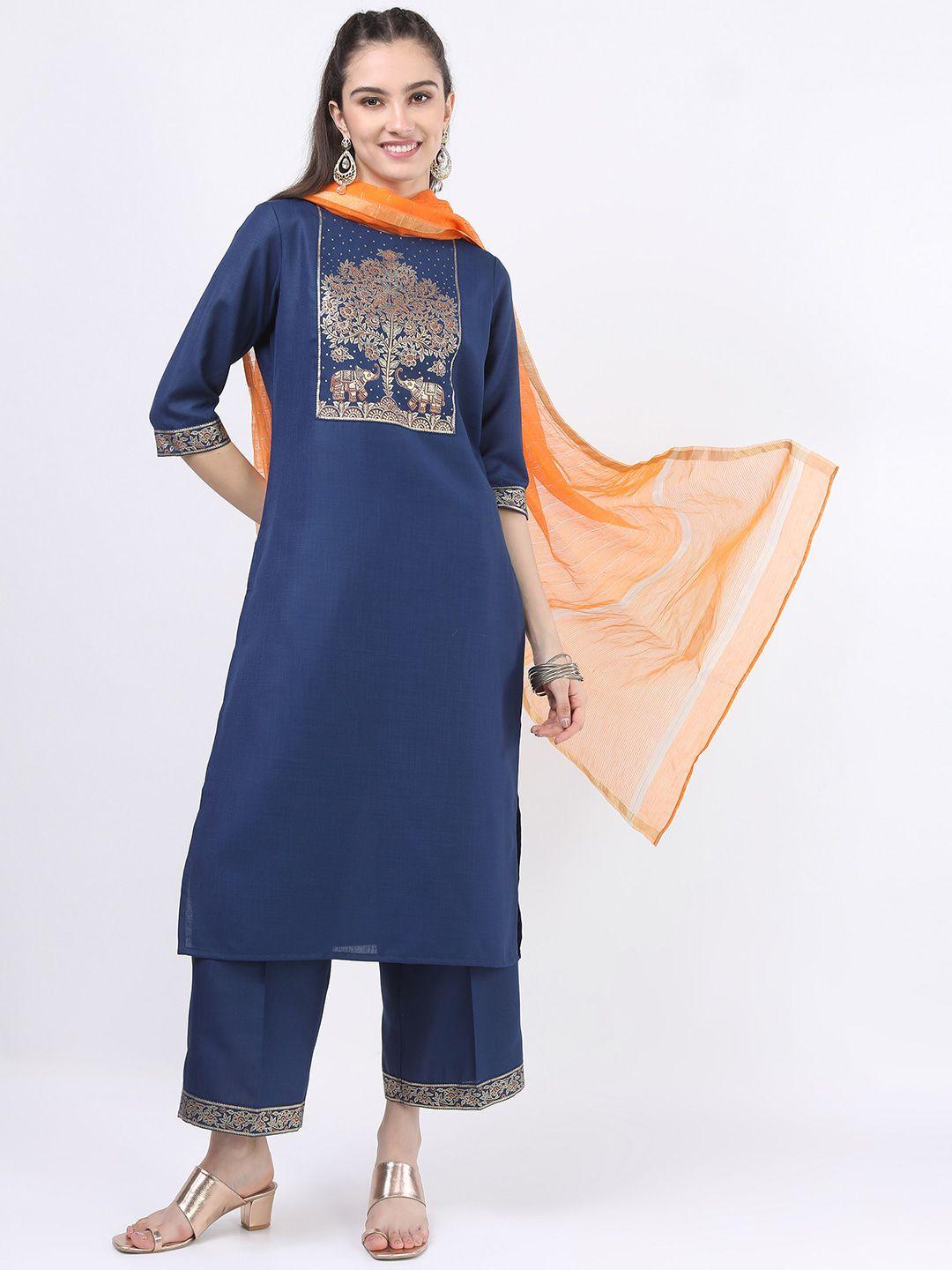 ketch women navy blue ethnic motifs yoke design kurta with palazzos & with dupatta