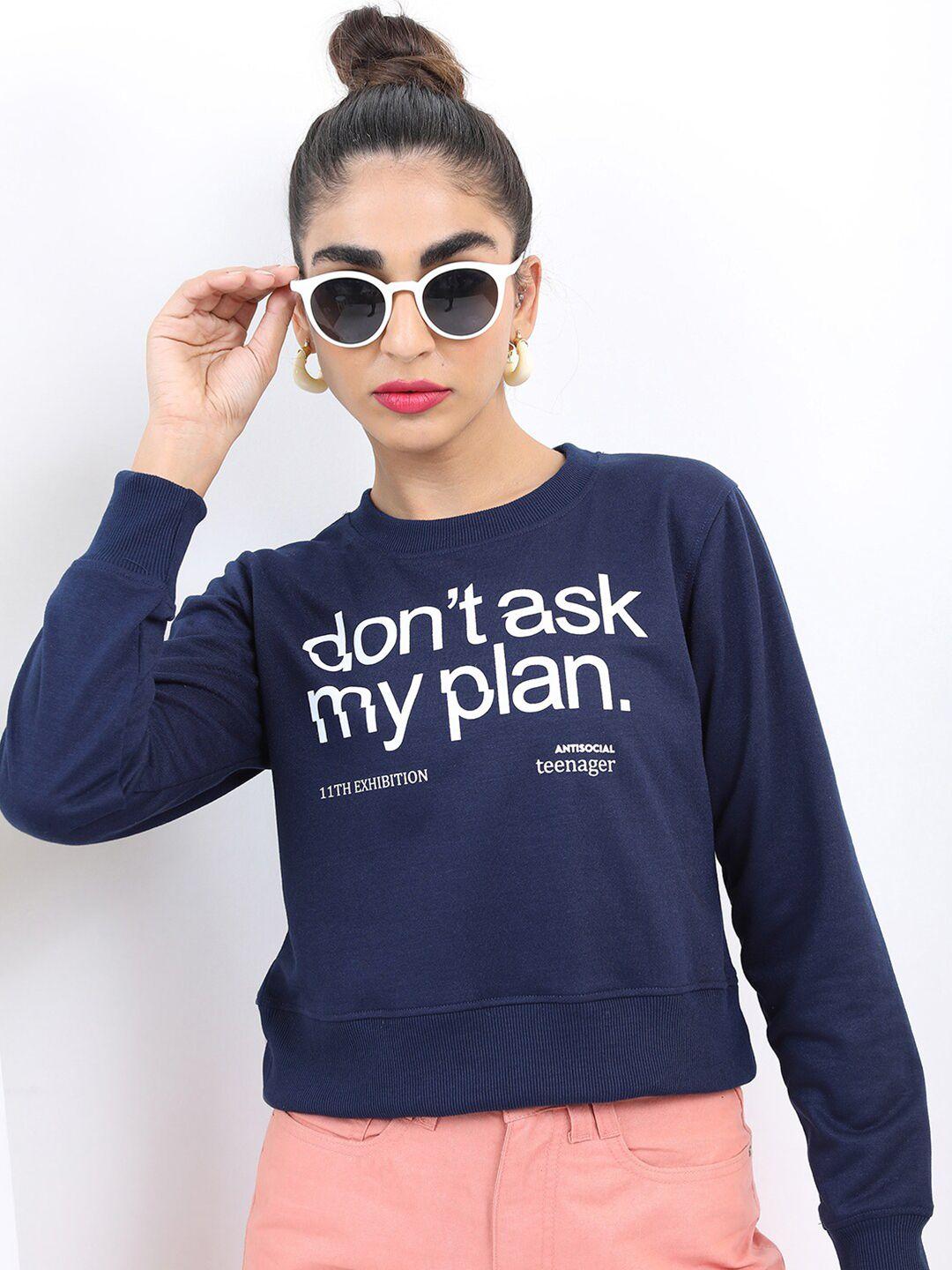 ketch women navy blue printed cotton sweatshirt