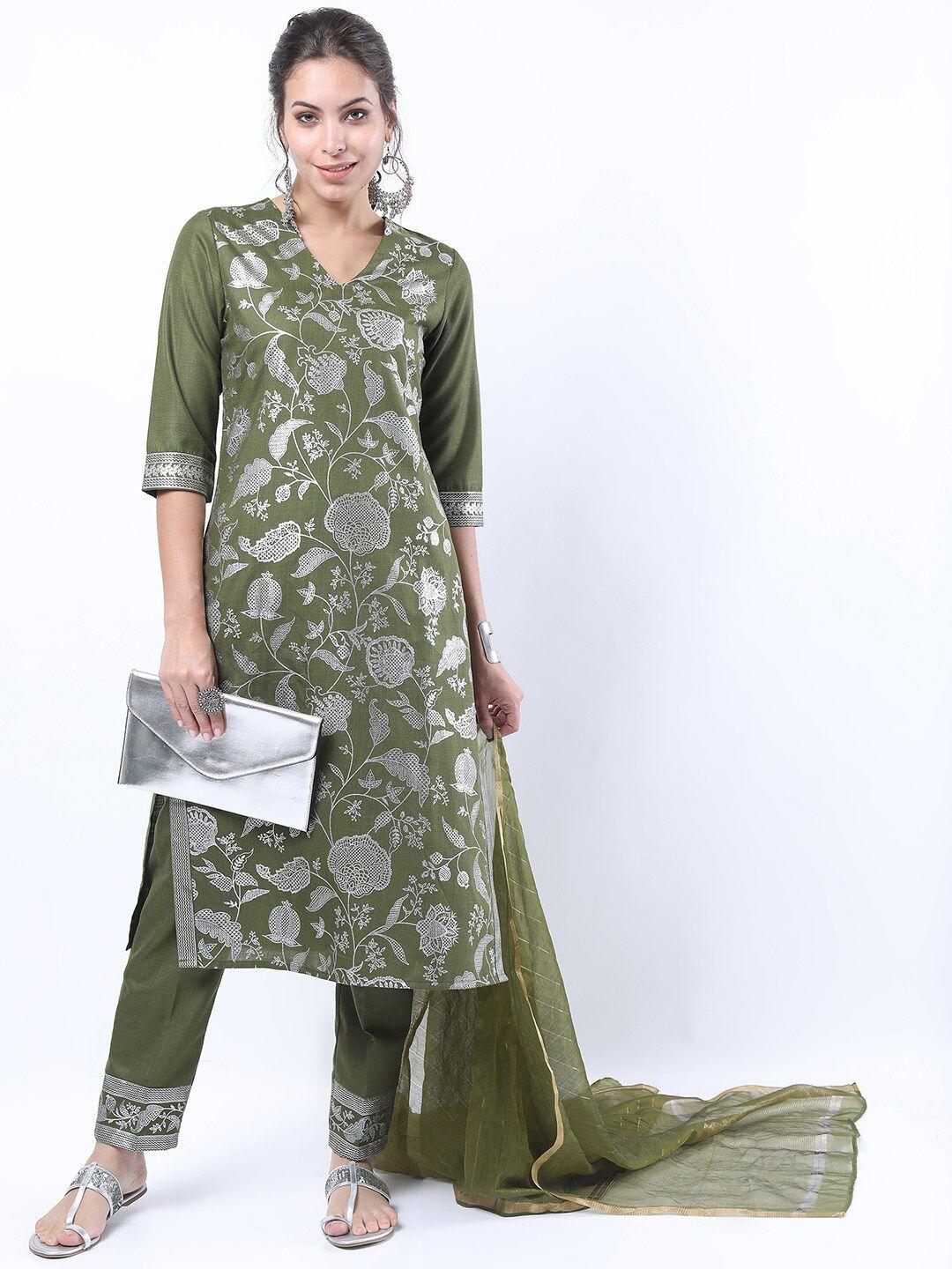 ketch women olive green floral foil printed straight kurta with trousers & with dupatta
