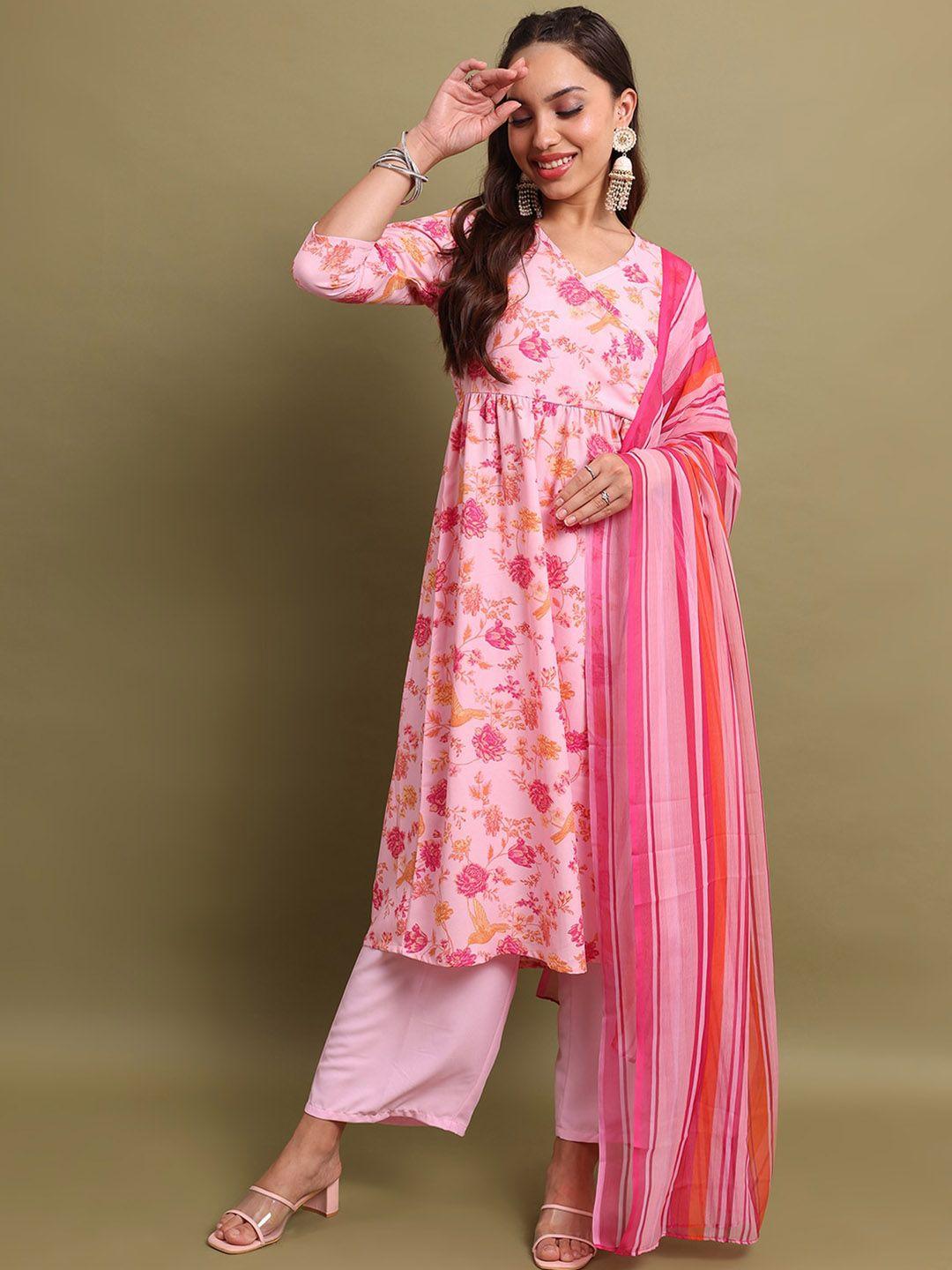 ketch women pink floral printed empire kurta with palazzos & with dupatta
