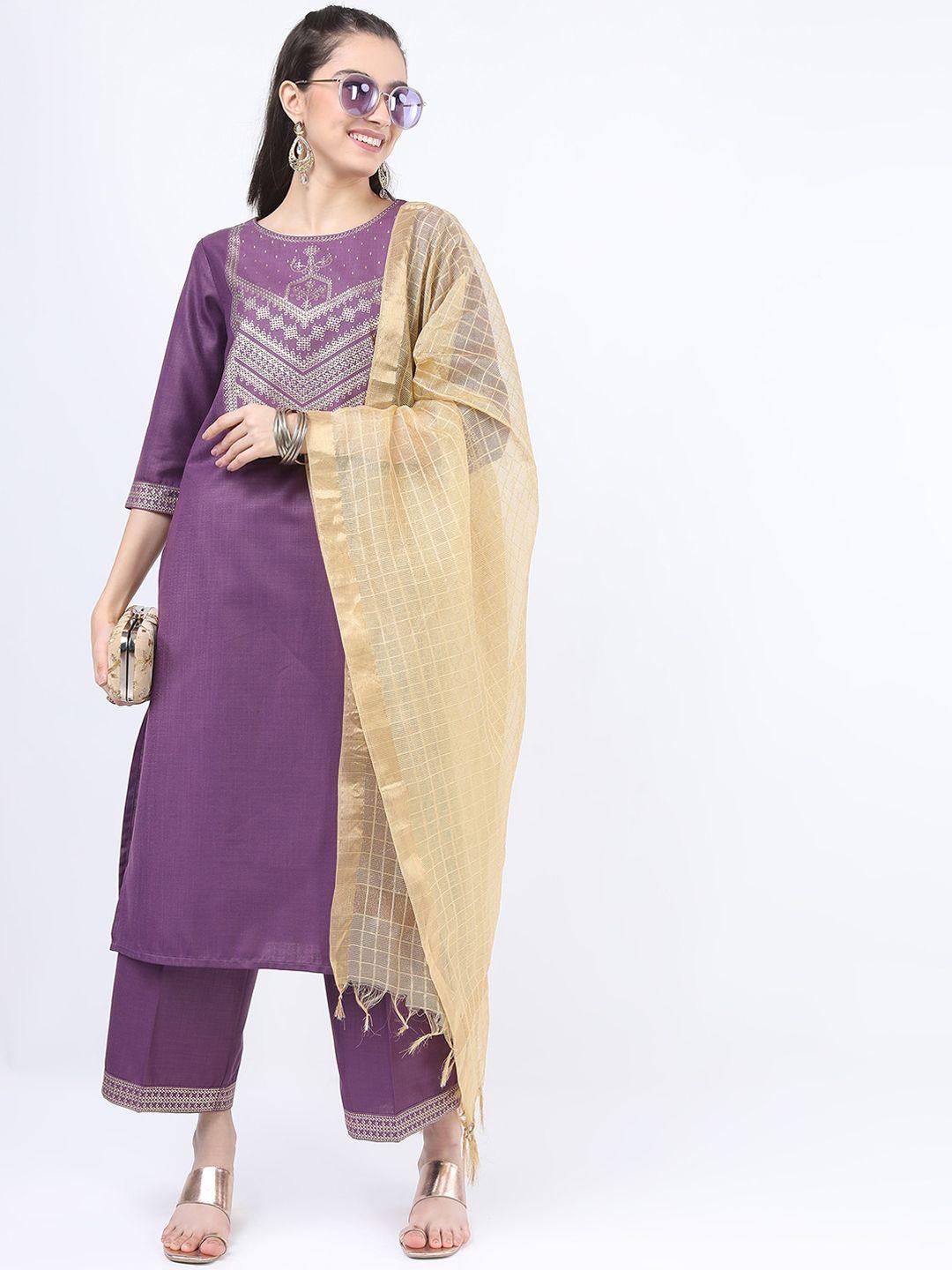 ketch women purple ethnic motifs yoke design kurti with palazzos & with dupatta