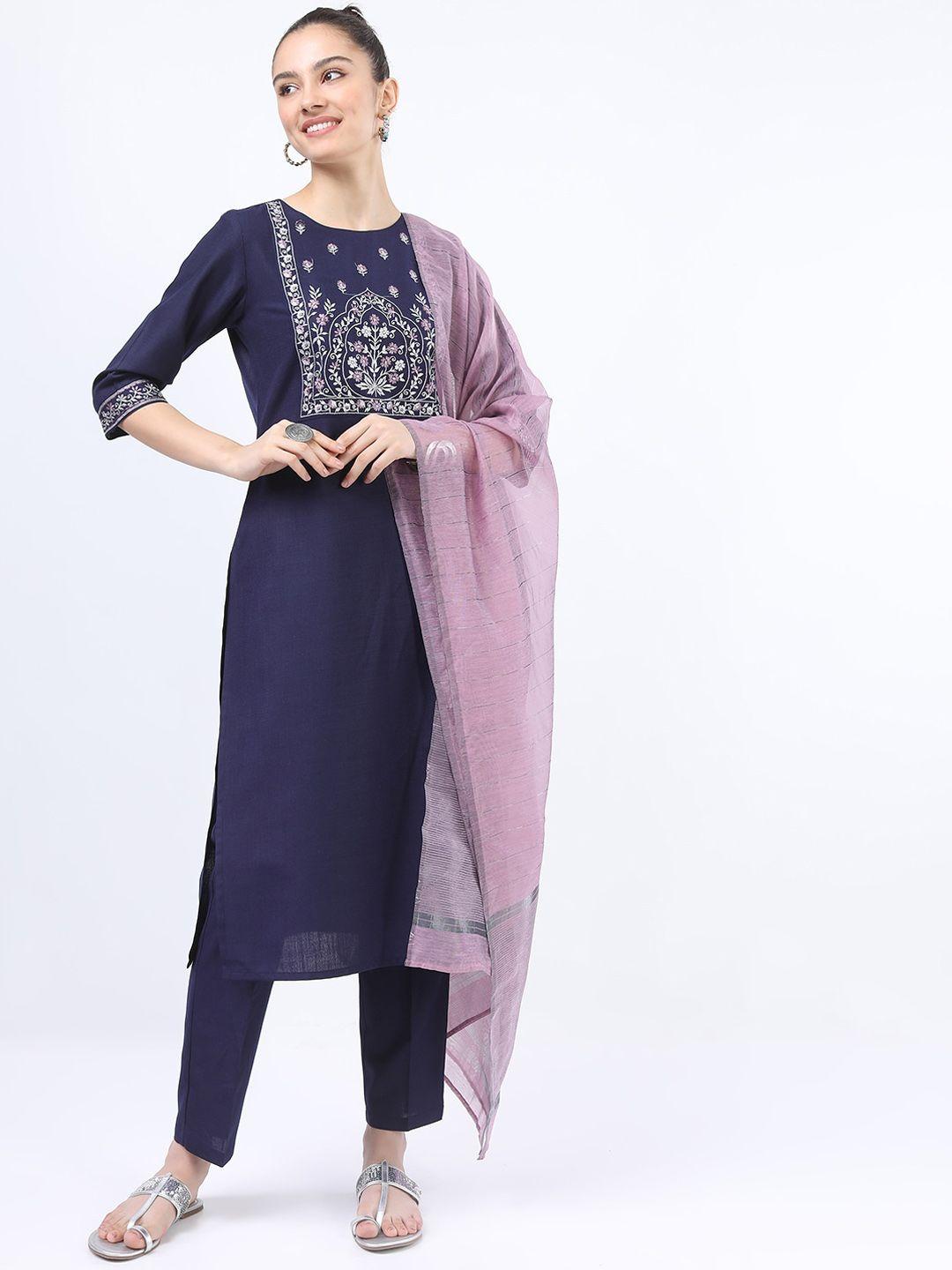 ketch women purple yoke design kurta with trousers & with dupatta