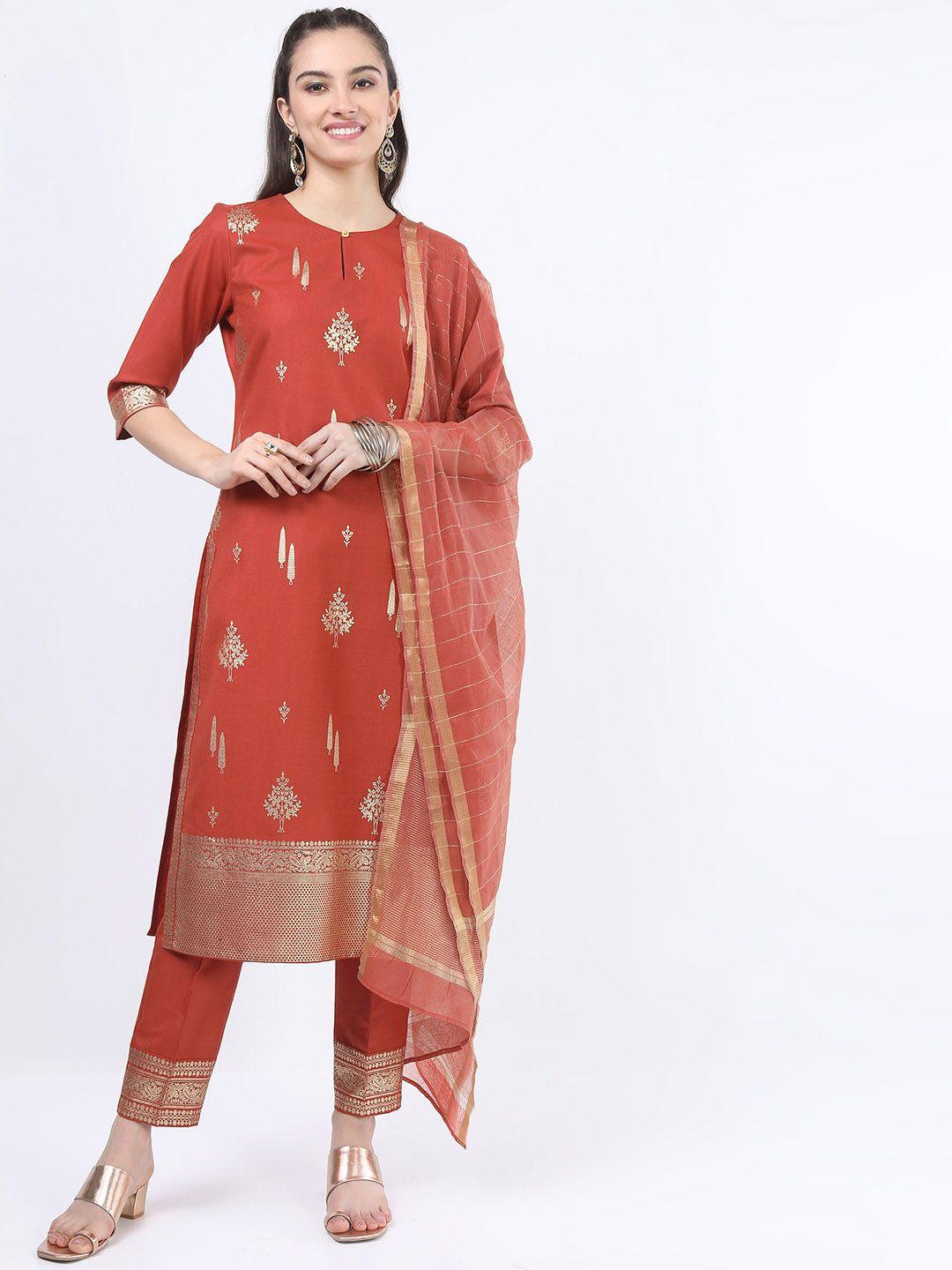 ketch women rust printed kurta  with trousers & with dupatta