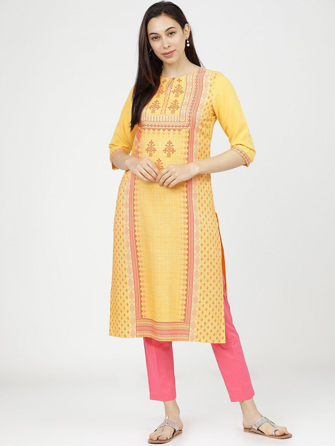 ketch women yellow & pink ethnic motifs printed keyhole neck kurta