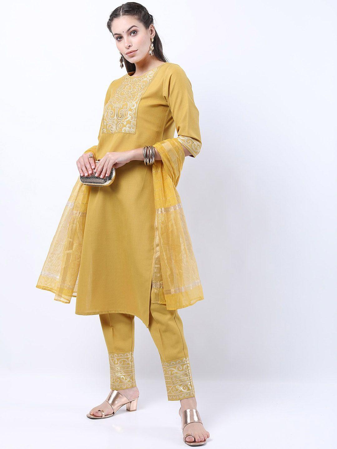 ketch women yellow layered kurta with trouser  & with dupatta