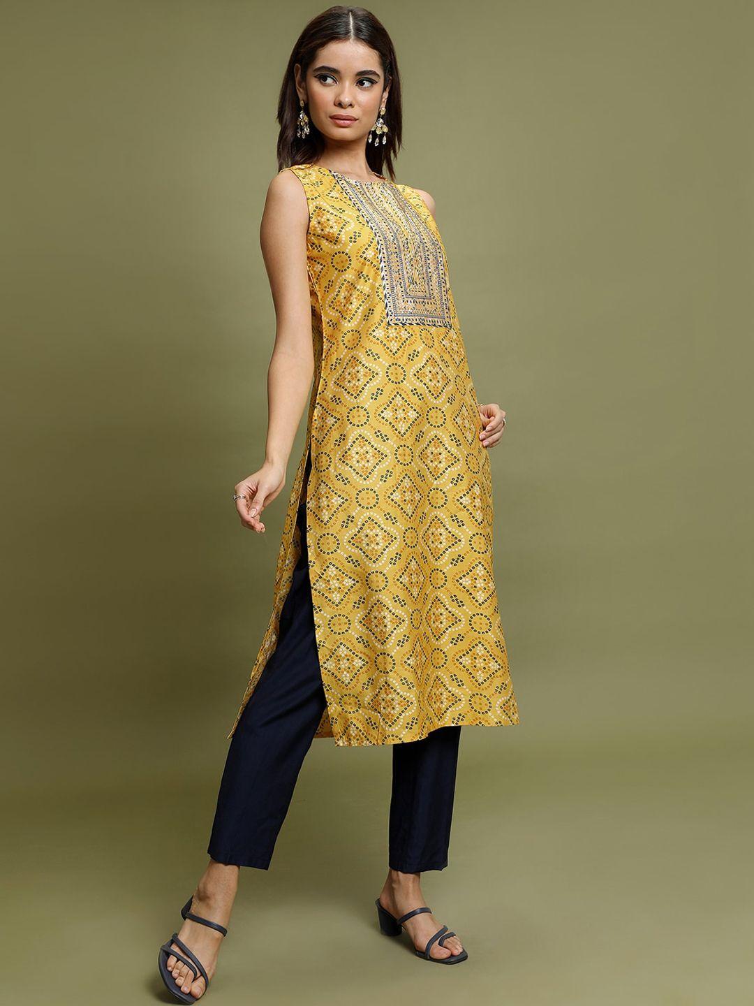 ketch yellow ethnic motifs printed kurta with trousers