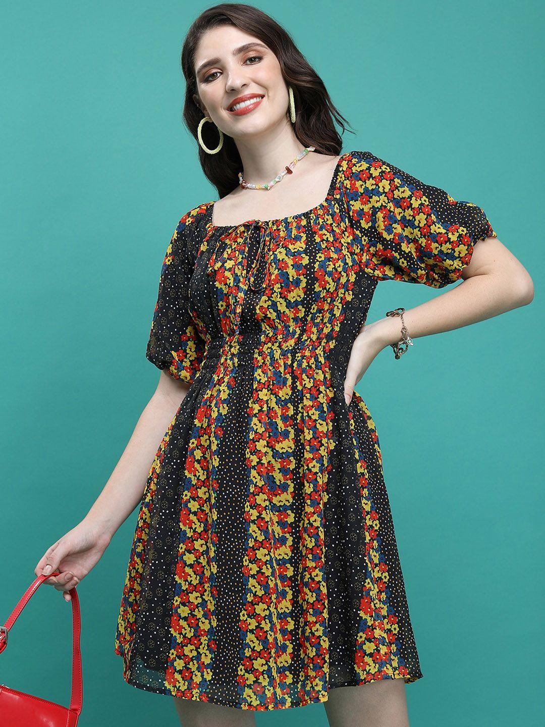 ketch yellow floral printed fit & flare dress